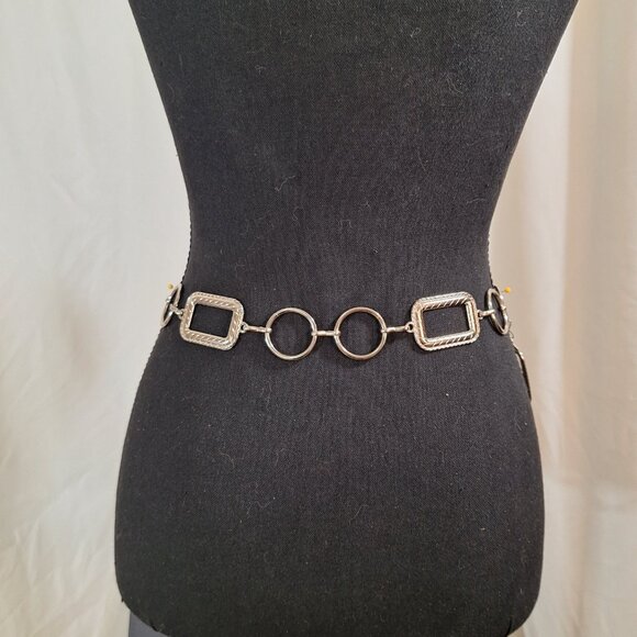 Vintage-Inspired Silver Waist Chain Belt Geometric Circles & Rectangles, 54" - Picture 3 of 6